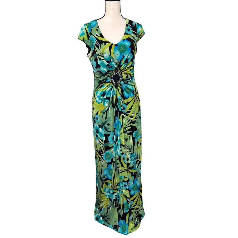 Madison Leigh Tropical Floral Maxi Dress Sz 8 Green Blue Bead Medallion Y2K